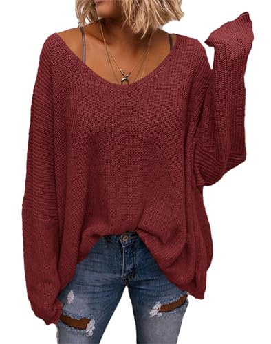 Saodimallsu Damen V-Ausschnitt Pullover Loose Fit Sweatshirt Strickpullover Langarmshirts Oversize Oberteile,Rot,M von Saodimallsu