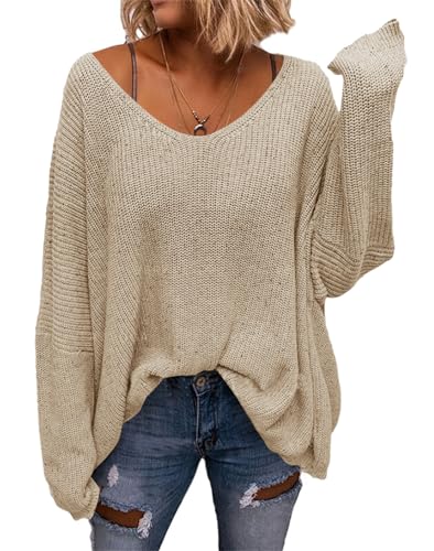 Saodimallsu Damen V-Ausschnitt Pullover Loose Fit Sweatshirt Strickpullover Langarmshirts Oversize Oberteile Beige S von Saodimallsu