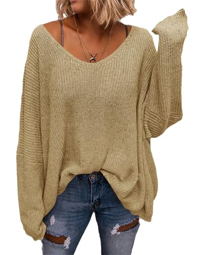 Saodimallsu Damen V-Ausschnitt Pullover Loose Fit Sweatshirt Strickpullover Langarmshirts Oversize Oberteile Khaki XL von Saodimallsu
