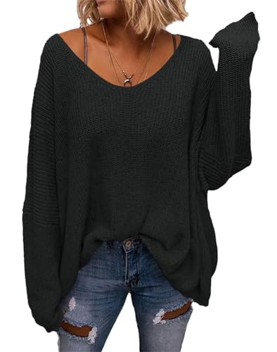 Saodimallsu Damen V-Ausschnitt Pullover Loose Fit Sweatshirt Strickpullover Langarmshirts Oversize Oberteile Schwarz L von Saodimallsu