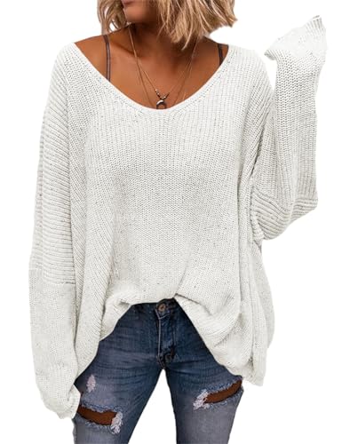Saodimallsu Damen V-Ausschnitt Pullover Loose Fit Sweatshirt Strickpullover Langarmshirts Oversize Oberteile Weiß XXL von Saodimallsu