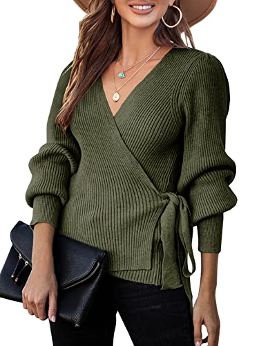 Saodimallsu Damen V-Ausschnitt Pullover Übergröße Herbst Wrap Fledermaus Langarm Sweatshirt Gerippte Krawatte Taille Strickpullover Army Green Klein von Saodimallsu