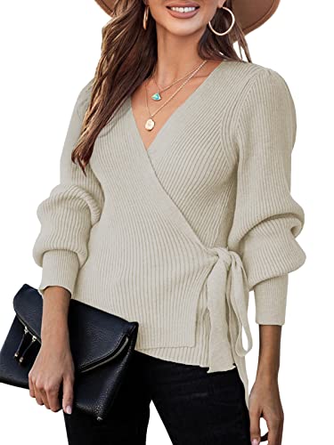 Saodimallsu Damen V-Ausschnitt Pullover Übergröße Herbst Wrap Fledermaus Langarm Sweatshirt Gerippte Krawatte Taille Strickpullover Beige Mittel von Saodimallsu