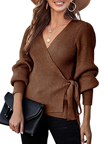 Saodimallsu Damen V-Ausschnitt Pullover Übergröße Herbst Wrap Fledermaus Langarm Sweatshirt Gerippte Krawatte Taille Strickpullover Braun Klein von Saodimallsu