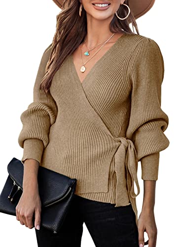 Saodimallsu Damen V-Ausschnitt Pullover Übergröße Herbst Wrap Fledermaus Langarm Sweatshirt Gerippte Krawatte Taille Strickpullover Khaki Mittel von Saodimallsu