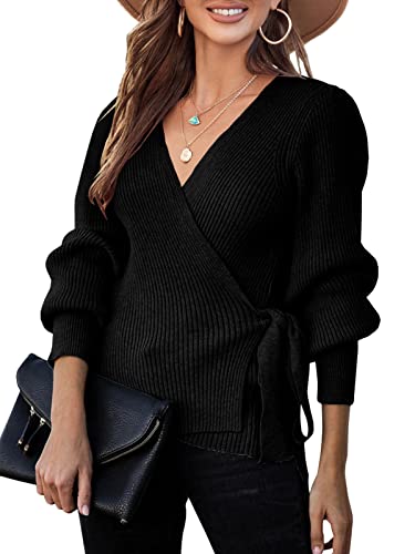 Saodimallsu Damen V-Ausschnitt Pullover Übergröße Herbst Wrap Fledermaus Langarm Sweatshirt Gerippte Krawatte Taille Strickpullover Schwarz Mittel von Saodimallsu