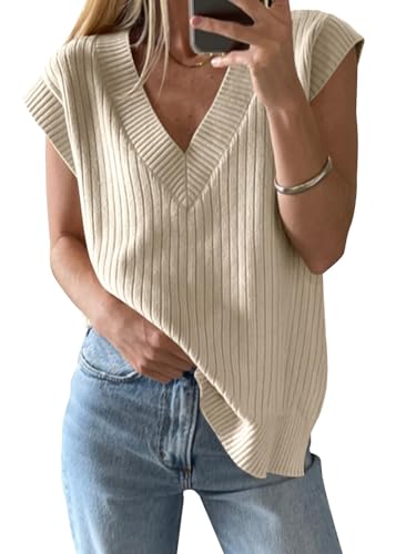 Saodimallsu Damen V-Ausschnitt Pullover Weste Oversized Ärmellos Tank Tops Leichtgewicht Strickpullover Sommer Elegante Oberteil Beige Mittel von Saodimallsu