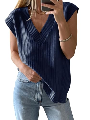 Saodimallsu Damen V-Ausschnitt Pullover Weste Oversized Ärmellos Tank Tops Leichtgewicht Strickpullover Sommer Elegante Oberteil Dunkelblau Mittel von Saodimallsu