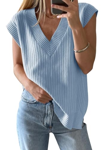 Saodimallsu Damen V-Ausschnitt Pullover Weste Oversized Ärmellos Tank Tops Leichtgewicht Strickpullover Sommer Elegante Oberteil Hellblau S von Saodimallsu