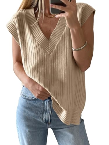Saodimallsu Damen V-Ausschnitt Pullover Weste Oversized Ärmellos Tank Tops Leichtgewicht Strickpullover Sommer Elegante Oberteil Khaki X-Groß von Saodimallsu