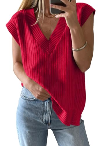 Saodimallsu Damen V-Ausschnitt Pullover Weste Oversized Ärmellos Tank Tops Leichtgewicht Strickpullover Sommer Elegante Oberteil Rot Groß von Saodimallsu