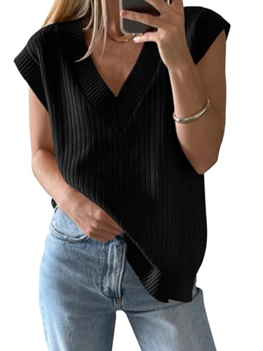 Saodimallsu Damen V-Ausschnitt Pullover Weste Oversized Ärmellos Tank Tops Leichtgewicht Strickpullover Sommer Elegante Oberteil Schwarz Klein von Saodimallsu