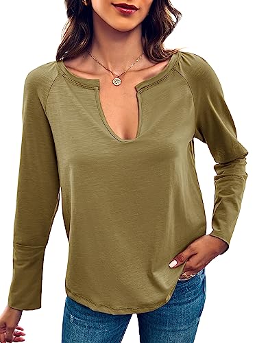 Saodimallsu Damen V Neck Oberteile Langärmelig Elegant T-Shirts Casual Oversized Frühling Sweatshirts Khaki Mittel von Saodimallsu