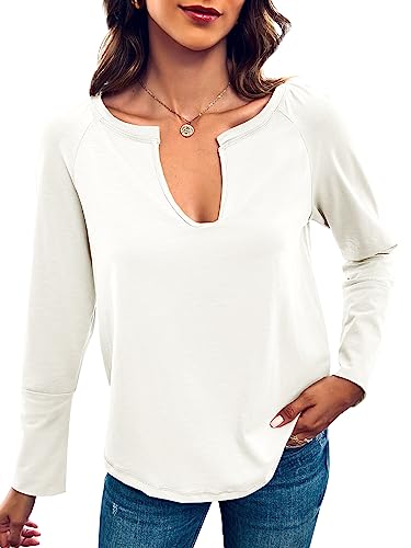 Saodimallsu Damen V Neck Oberteile Langärmelig Elegant T-Shirts Casual Oversized Frühling Sweatshirts Weiß X-Groß von Saodimallsu