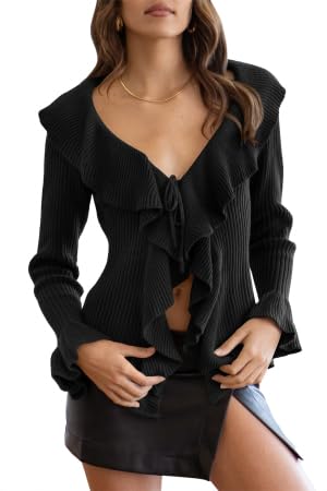 Saodimallsu Damen V Neck Sexy Pullover Rüschenärmel Lose Strickpullover Mode Drawstring Oberteil Herbst Winter Sweater Schwarz, M von Saodimallsu