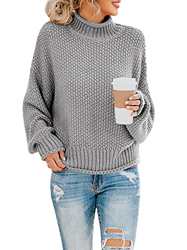 Saodimallsu Female Strickpullover Rollkragen Oversized Pullover Fledermaus Langarm Loser Grobstrick Sweater Grau Mittel von Saodimallsu