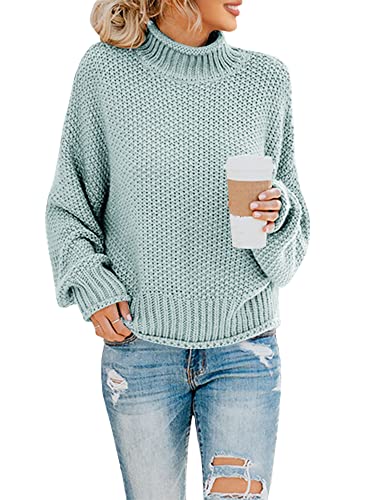 Saodimallsu Female Strickpullover Rollkragen Oversized Pullover Fledermaus Langarm Loser Grobstrick Sweater Grün Mittel von Saodimallsu
