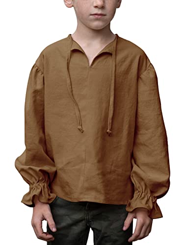 Saodimallsu Hemden für Jungen V-Ausschnitt mit Kordelzug Hemd Langarm Baumwolle Shirts Halloween Scottish Jacobite Tops Vintage Casual Hemd Braun 11-12Jahre von Saodimallsu