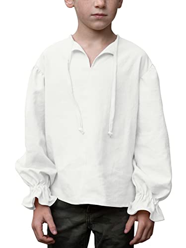 Saodimallsu Hemden für Jungen V-Ausschnitt mit Kordelzug Hemd Langarm Baumwolle Shirts Halloween Scottish Jacobite Tops Vintage Casual Hemd Weiß 7-8Jahre von Saodimallsu