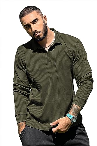 Saodimallsu Herren Langärmelig T-Shirt Schlanke Passform Geripptes Hemd Henley Shirt mit Knopfleiste Casual Langarmshirt Armeegrün Mittel von Saodimallsu