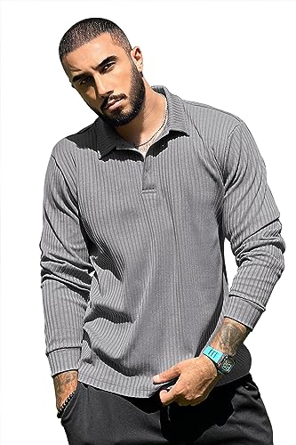 Saodimallsu Herren Langärmelig T-Shirt Schlanke Passform Geripptes Hemd Henley Shirt mit Knopfleiste Casual Langarmshirt Grau Groß von Saodimallsu