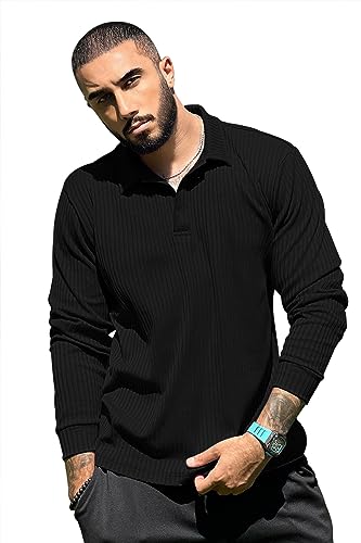 Saodimallsu Herren Langärmelig T-Shirt Schlanke Passform Geripptes Hemd Henley Shirt mit Knopfleiste Casual Langarmshirt Schwarz X-Groß von Saodimallsu