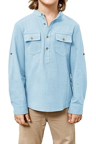 Saodimallsu Jungen Hemd Casual Regular Fit Langarmshirts Leinenhemd Stehkragen Henley Shirt Lightweight Freizeithemden Azurblau 13-14 Jahre von Saodimallsu