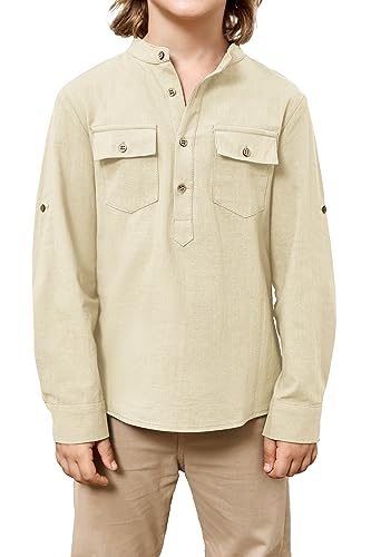 Saodimallsu Jungen Hemd Casual Regular Fit Langarmshirts Leinenhemd Stehkragen Henley Shirt Lightweight Freizeithemden Beige 5-6 Jahre von Saodimallsu