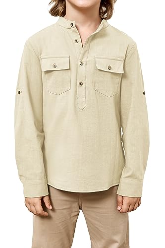 Saodimallsu Jungen Stehkragen Langarm Henley Shirt mit Knopfleiste Casual Regular Fit Leinenhemd Lightweight Tops Beige 3-4 Jahre von Saodimallsu