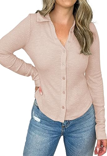 Saodimallsu Langarmshirts für Damen Rippen Strick Tops mit Knöpfen V-Ausschnitt Slim Fitted Oberteile Khaki Mittel von Saodimallsu