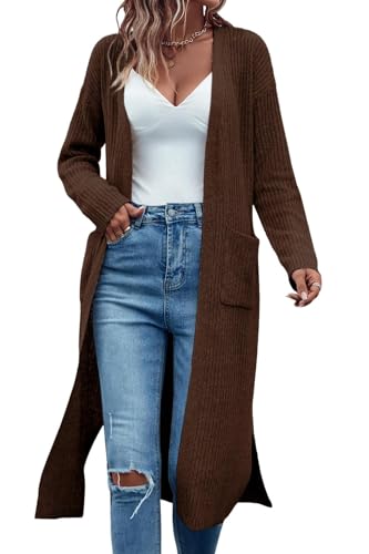 Saodimallsu Lange Strickjacke Pullover für Damen Rippenstrick vorne offen Langarm überdimensioniert Herbst lässig Mantel mit Taschen Braun XL Saodimallsu Lange Strickjacke Pullover für Damen Rippenstrick vorne offen Langarm überdimensioniert Herbst lässig Mantel mit Taschen Braun XL von Saodimallsu