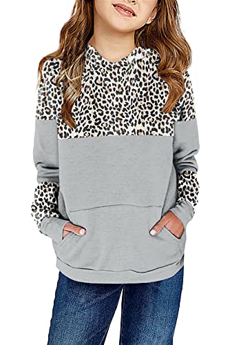 Saodimallsu Mädchen Cute Pullover Leopardenmuster Sweatshirt mit Kapuze Casual Langarm Känguru Tasche Kind Kapuzenpullover Grau 160 von Saodimallsu