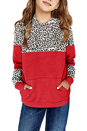 Saodimallsu Mädchen Cute Pullover Leopardenmuster Sweatshirt mit Kapuze Casual Langarm Känguru Tasche Kind Kapuzenpullover Rot 160 von Saodimallsu