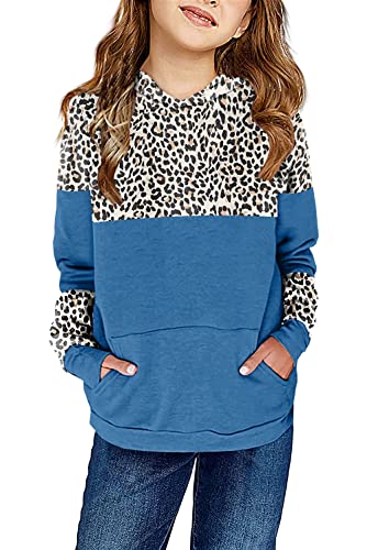 Saodimallsu Mädchen Cute Sweatshirt mit Kapuze Langärmelig Leopardenmuster Kapuzenpullover Rundhals Känguru Tasche Girls Hoodies Blau 120 von Saodimallsu