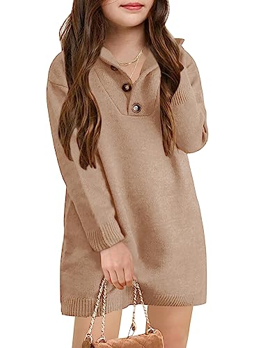 Saodimallsu Mädchen Pullover Langarmshirt Sweatshirt Winter Kleidung Langarm Tops Gestrickt Button Up Kleid Kinder Herbstkleider Khaki 5-6 Jahre von Saodimallsu