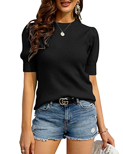 Saodimallsu Puff Kurzarm Pullover Damen T Shirt Feinstrick Rundhals Leicht Strickpullover Stretch Bluse Basic Tops, Schwarz, M von Saodimallsu