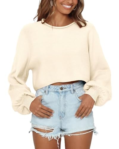 Saodimallsu Pullover Damen Glockenärmel Rundhals Strickpullover Casual Lose Oberteile Herbst Winter Langarm Sweater Beige, L von Saodimallsu