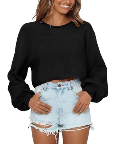 Saodimallsu Pullover Damen Glockenärmel Rundhals Strickpullover Casual Lose Oberteile Herbst Winter Langarm Sweater Schwarz, XL von Saodimallsu
