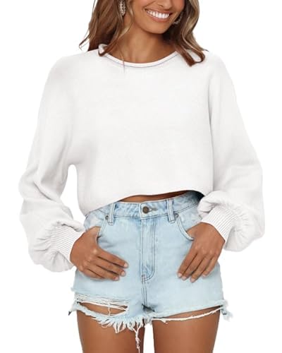 Saodimallsu Pullover Damen Glockenärmel Rundhals Strickpullover Casual Lose Oberteile Herbst Winter Langarm Sweater Weiß, XXL von Saodimallsu