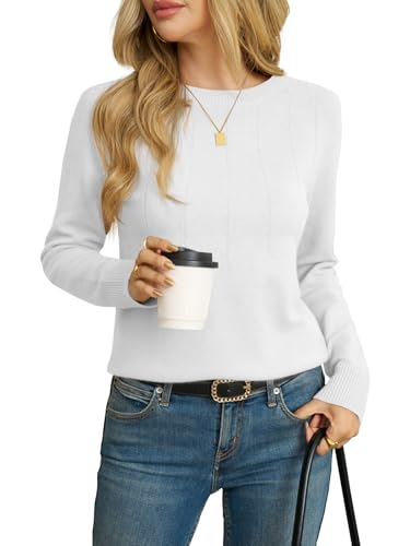 Saodimallsu Strickpullover Damen Langarm Rundhals Einfarbig Locker Pulli Sweatshirt Geripptes Pullover Oberteile Weiß L von Saodimallsu