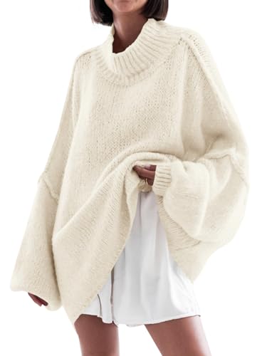 Saodimallsu Pullover Damen Oversized Fledermausärmel Strickpullover Einfarbig Elegant Rollkragenpullover Winter Casual Gestrickt Obertiele Pullis Beige XL von Saodimallsu