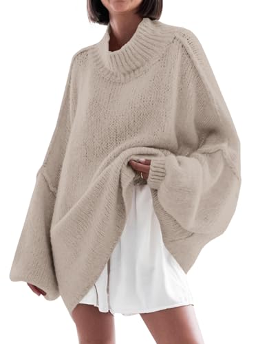Saodimallsu Pullover Damen Oversized Fledermausärmel Strickpullover Einfarbig Elegant Rollkragenpullover Winter Casual Gestrickt Obertiele Pullis Khaki XL von Saodimallsu