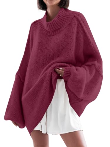 Saodimallsu Pullover Damen Oversized Fledermausärmel Strickpullover Einfarbig Elegant Rollkragenpullover Winter Casual Gestrickt Obertiele Pullis Weinrot XL von Saodimallsu