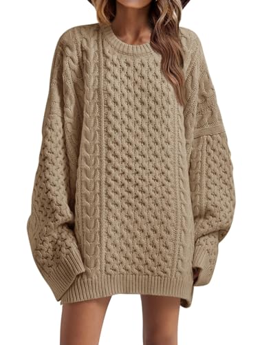 Saodimallsu Pullover Grobstrick Damen Oversized Rundhals Strickpullover Langarm Pulli Einfarbig Winter lässig Sweater Oberteile Hellbraun XL von Saodimallsu