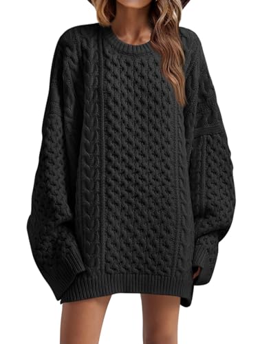 Saodimallsu Damen Grobstrick Oversized Pullover Rundhals Strickpullover Langarm Pulloverkleid Einfarbig Winter lässig Sweater Oberteile Schwarz XL von Saodimallsu