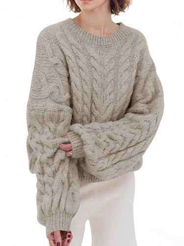 Saodimallsu Pullover Damen Oversized Rundhals Strickpullover Langarm Zopfmuster Grobstrick Pulli Tops Einfarbig Casual Winter Oberteile Khaki XL von Saodimallsu