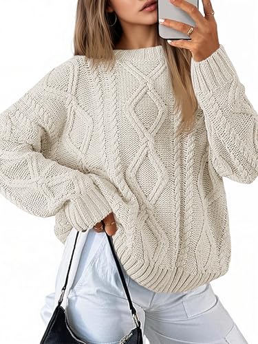 Saodimallsu Strickpullover Damen Oversized Grobstrick Zopfstrick Pullover Rundhals Langarm Einfarbig Oberteile Elegant Cable Knit Pulli Casual Lose Winter Sweatshirt Beige L von Saodimallsu
