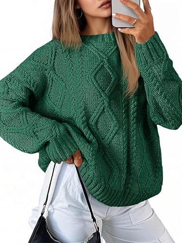 Saodimallsu Strickpullover Damen Oversized Grobstrick Zopfstrick Pullover Rundhals Langarm Einfarbig Oberteile Elegant Cable Knit Pulli Casual Lose Winter Sweatshirt Grün L von Saodimallsu