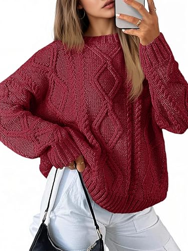 Saodimallsu Strickpullover Damen Oversized Grobstrick Zopfstrick Pullover Rundhals Langarm Einfarbig Oberteile Elegant Cable Knit Pulli Casual Lose Winter Sweatshirt Rot L von Saodimallsu