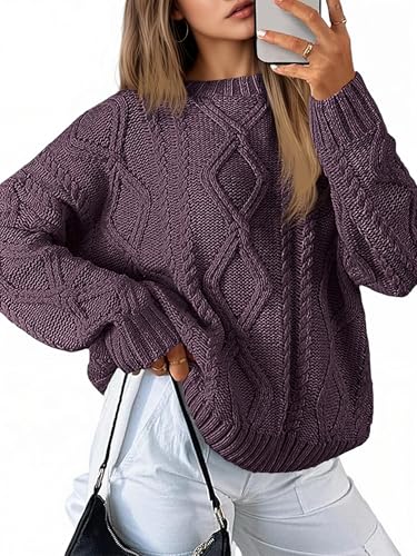 Saodimallsu Strickpullover Damen Oversized Grobstrick Zopfstrick Pullover Rundhals Langarm Einfarbig Oberteile Elegant Cable Knit Pulli Casual Lose Winter Sweatshirt Violett XXL von Saodimallsu